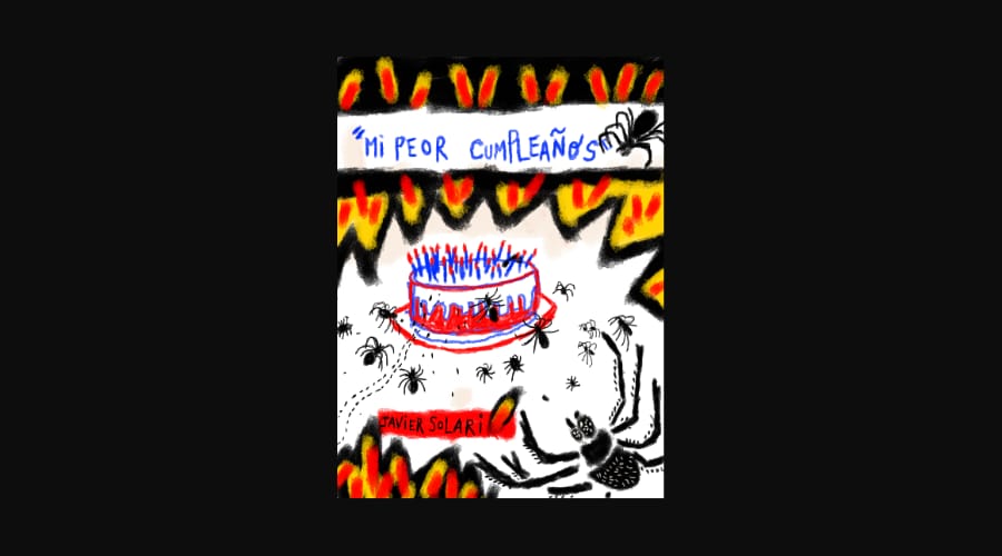 Dibujo con una torta de cumpleaños roja y blanca y velas prendidas fuego